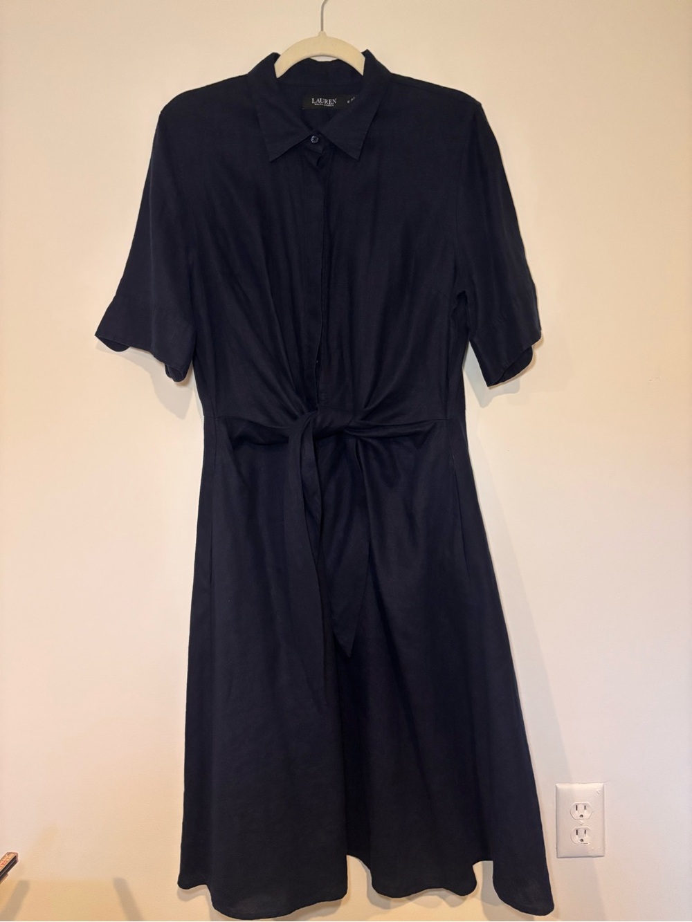 Ralph Lauren Linen Navy Tie-Front Shirt Dress